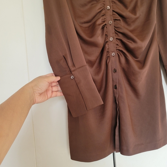 H&M Long Sleeve Button Down Ruched Bodycon Mini Dress Size Medium Brown - Picture 6 of 11